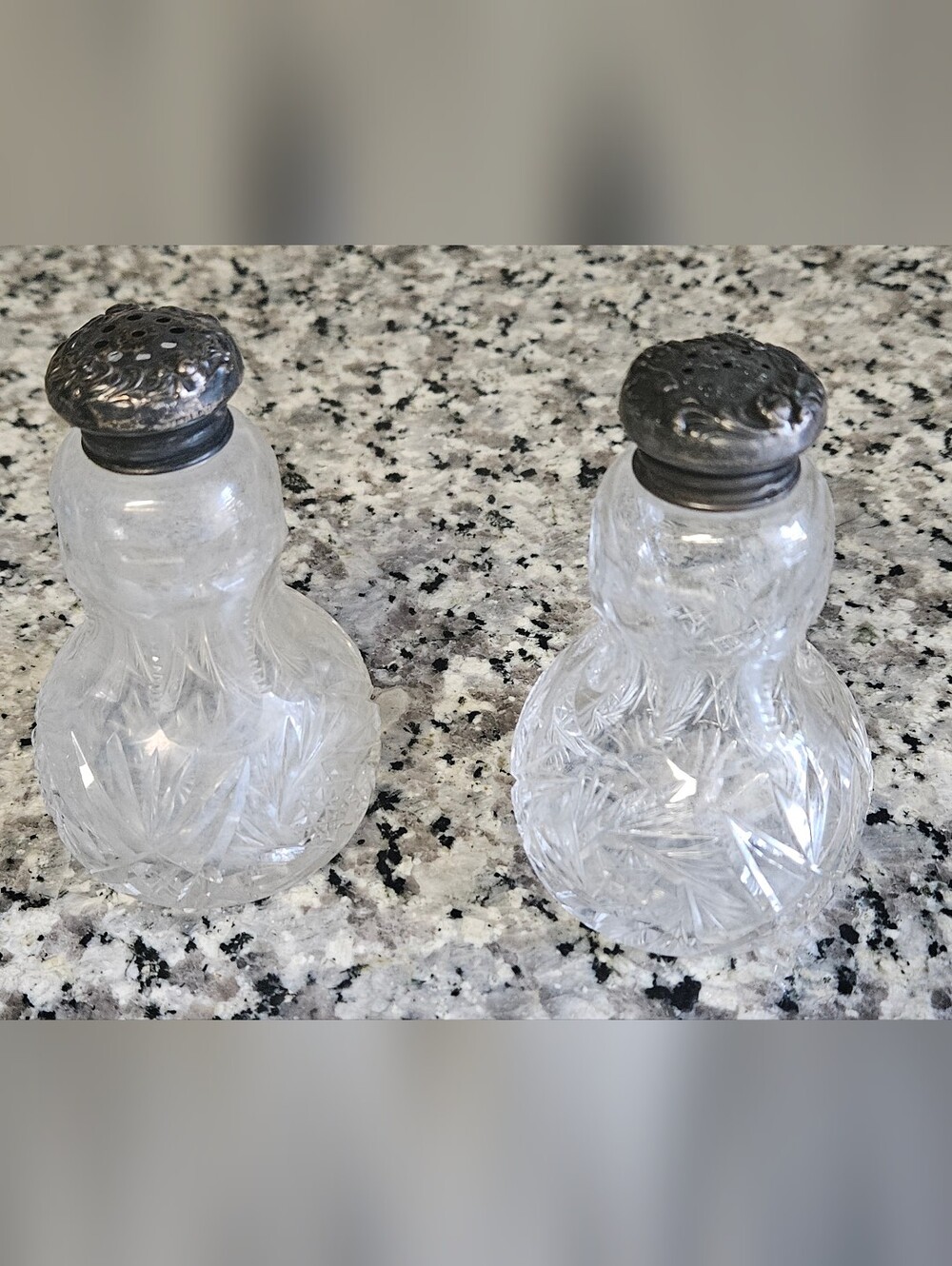Vintage Clear Cut-Glass Salt and Pepper Shakers with Sterling Silver Tops Set 2